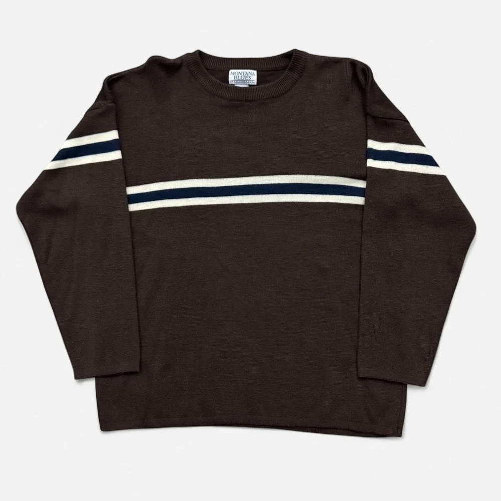 Vtg Y2K Montana Blues Brown Striped Acrylic Skater Sweater Sz M